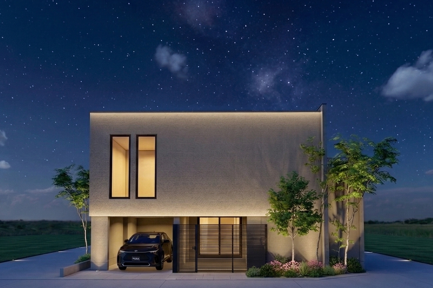 インナーガレージのある家、夜景。ev車が置いてある
