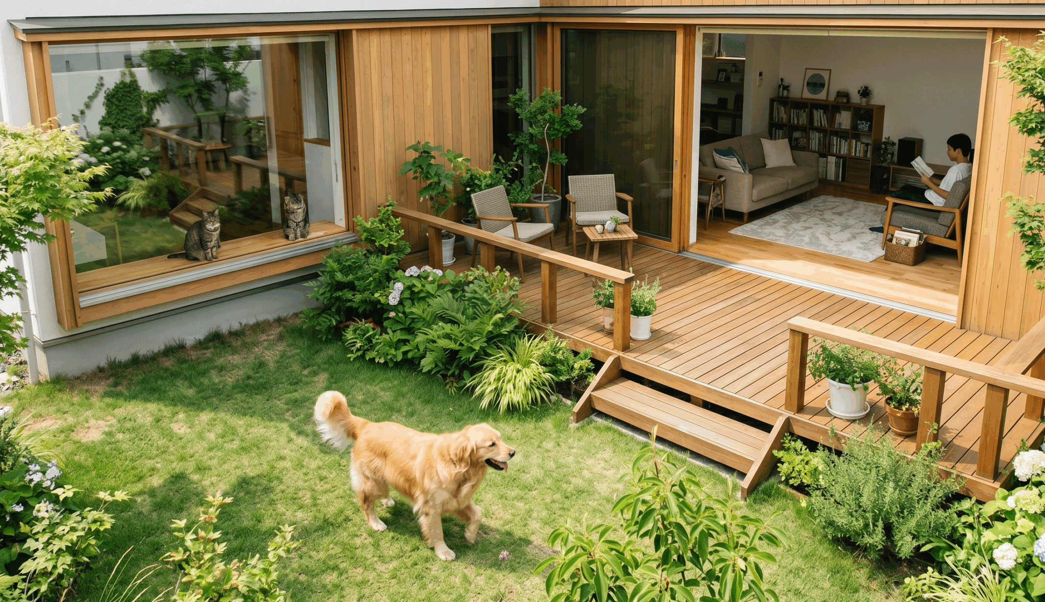 中庭で遊ぶ犬と、窓から眺める猫。リビングでは飼い主が本を読んでいる。