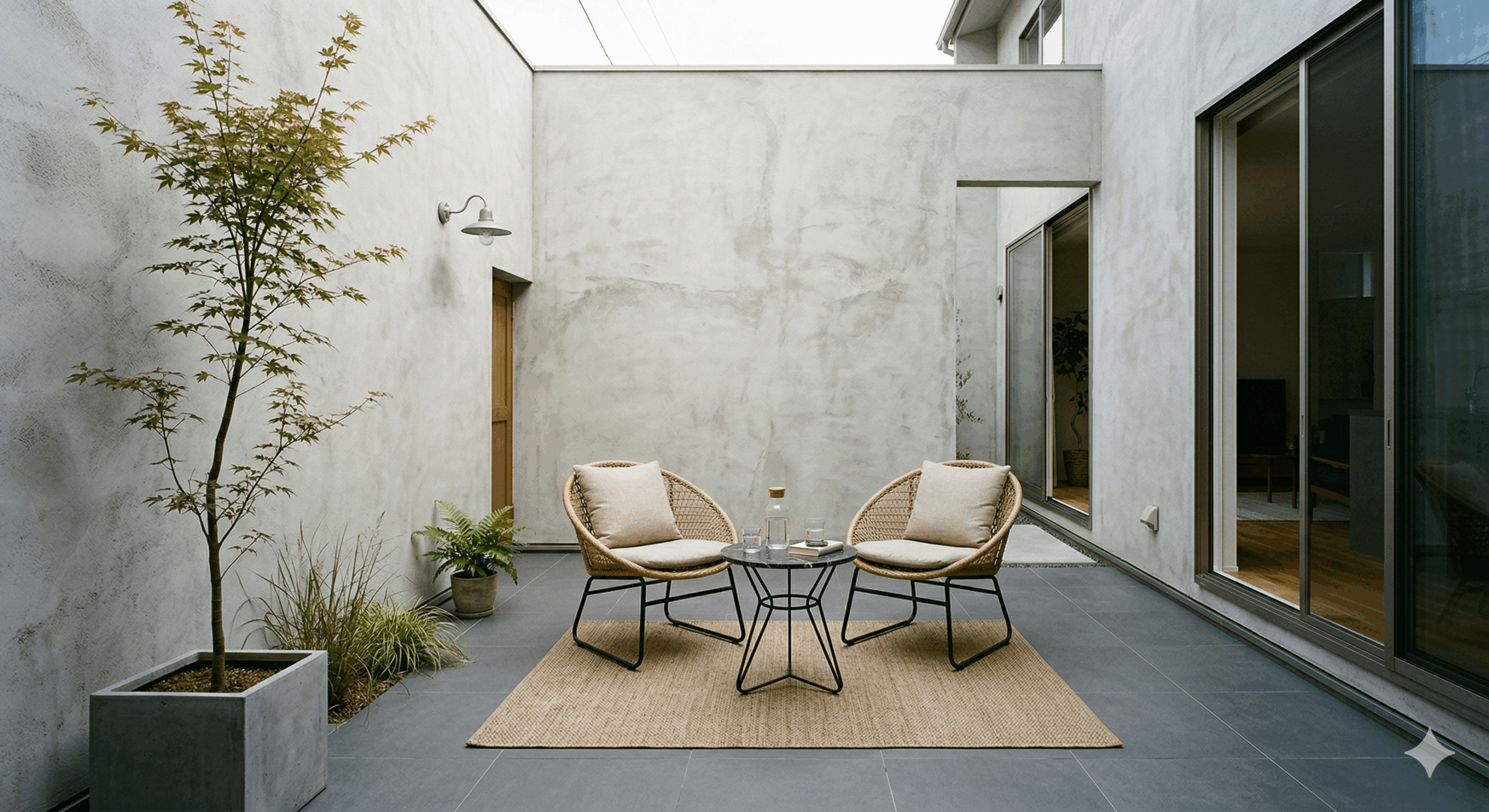 タイルの床、モルタル調の壁に囲われたプライベートテラスの画像