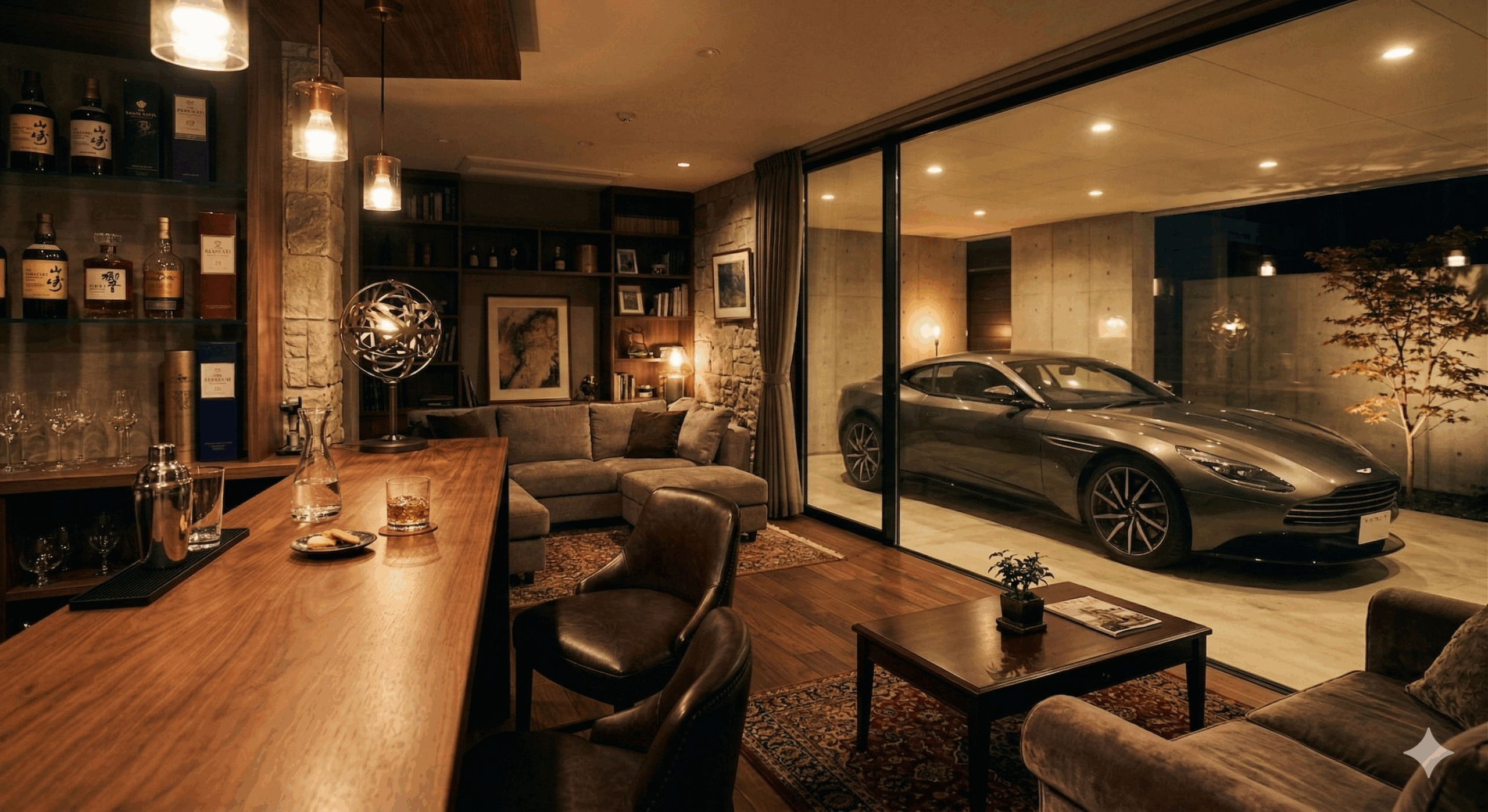 高級車が置かれたインナーガレージを眺める高級感のあるリビング