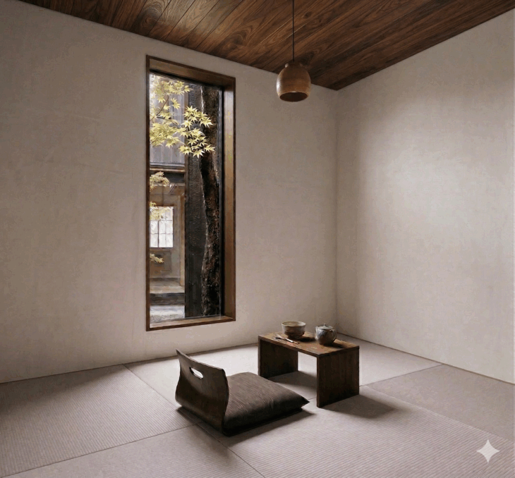 モダンな和室。縦長の窓から中庭にあるモミジが見える。