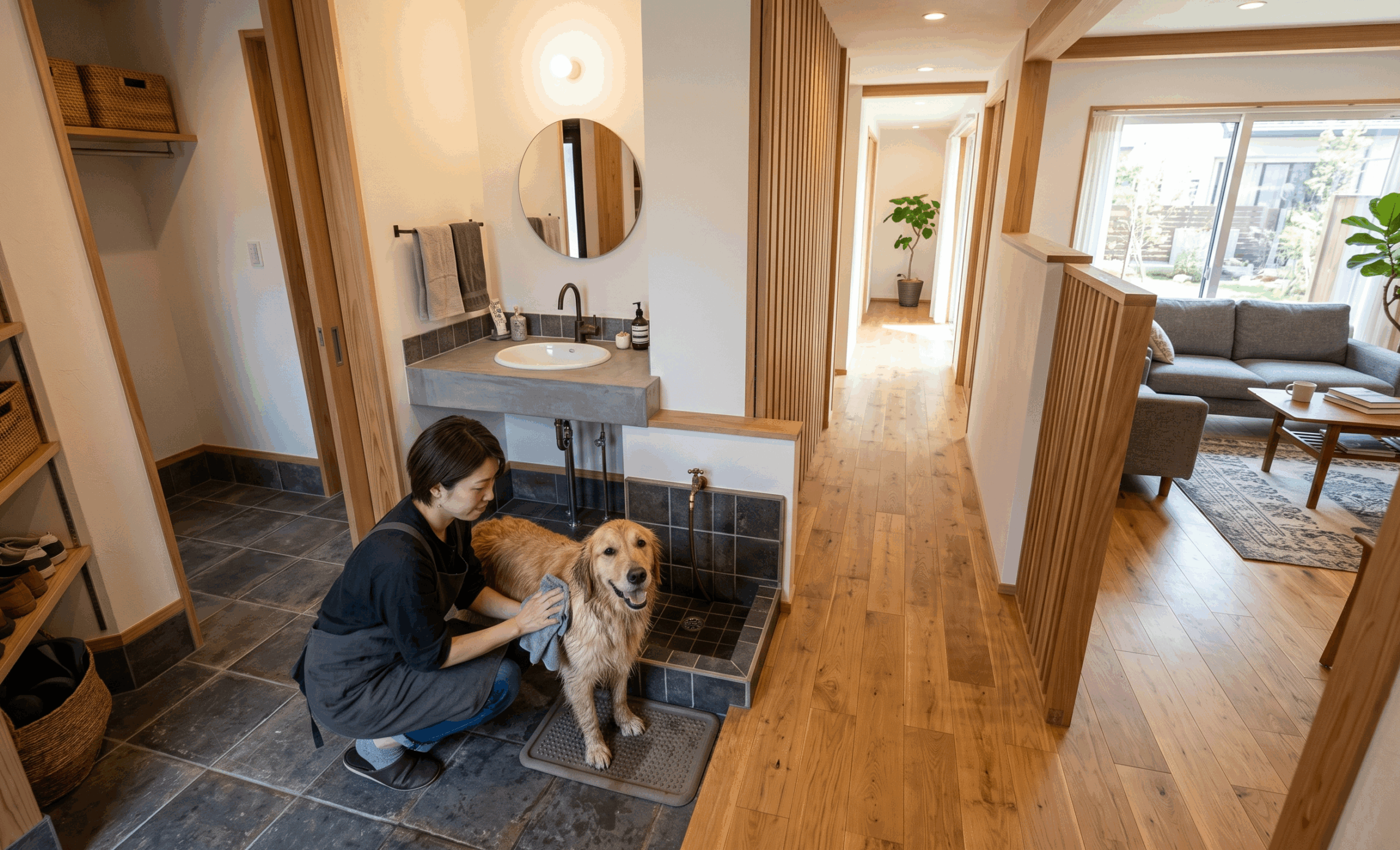 玄関土間で体や足を拭いてもらっている犬