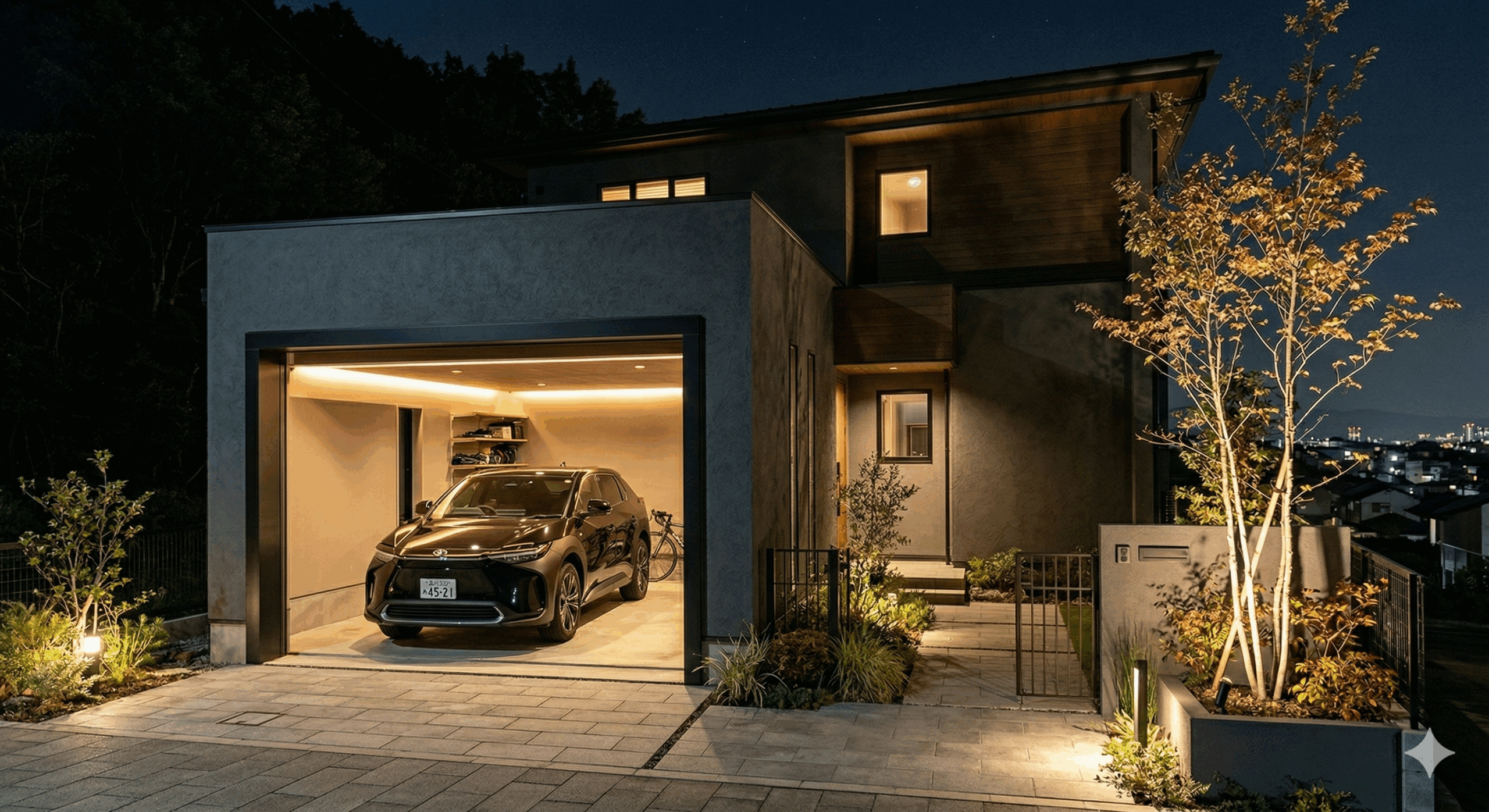 ガレージのある二階建て戸建て住宅の夜景イメージ