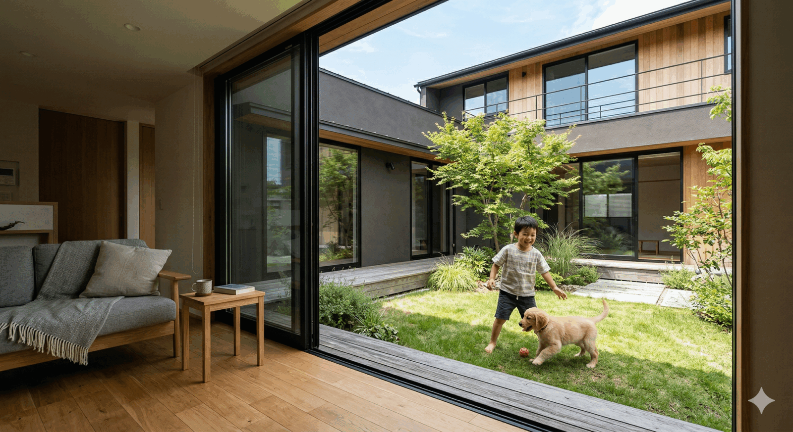 中庭であそぶ子どもと子犬