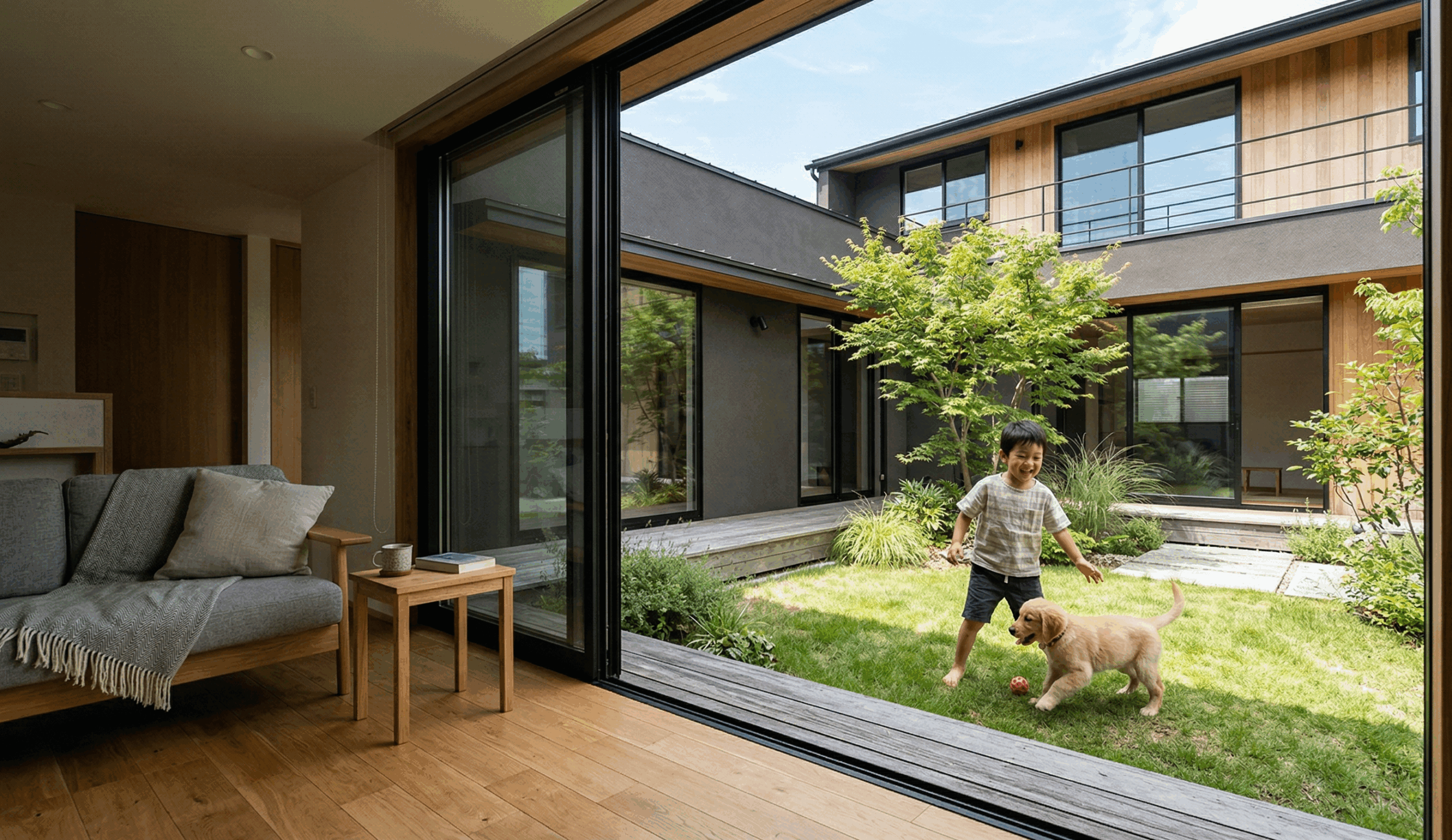 中庭であそぶ子どもと子犬