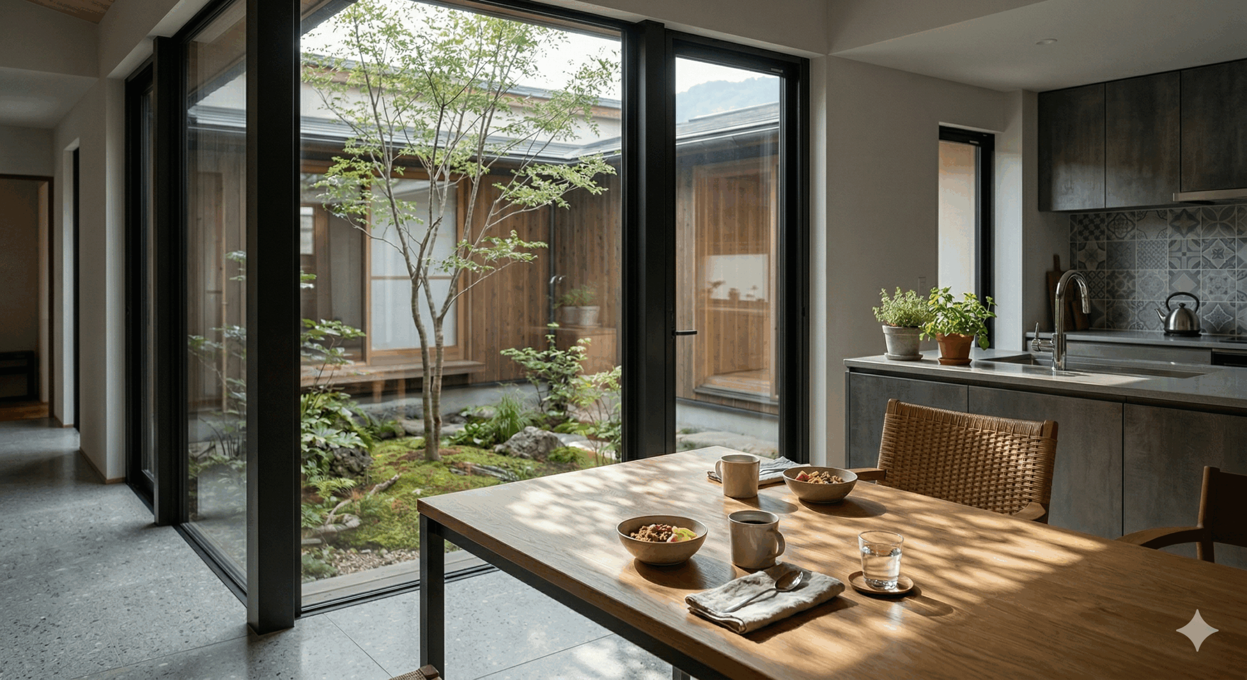 シンボルツリーのある中庭から朝の穏やかな光が入り込むダイニングテーブル