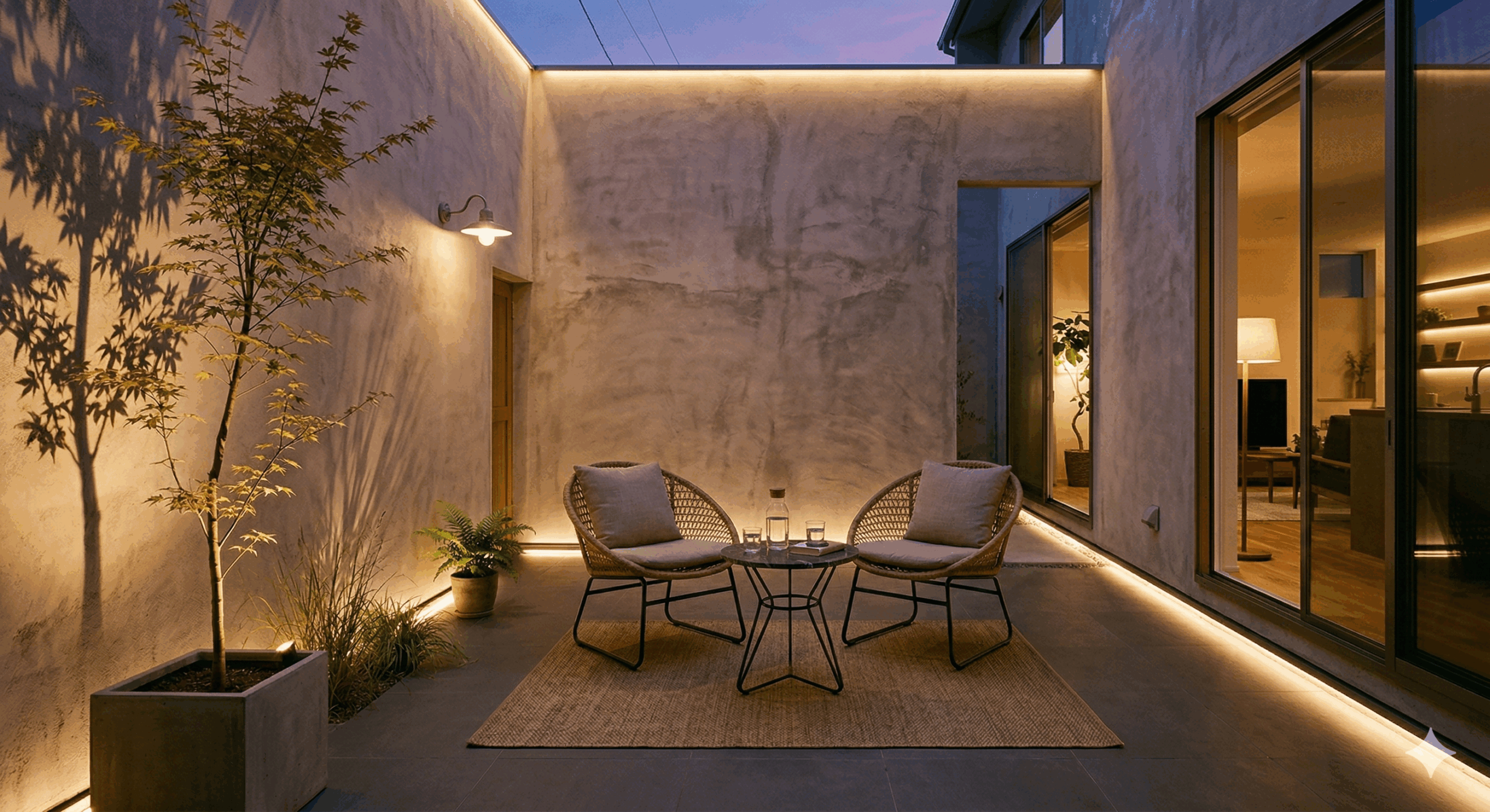 モルタル調の壁に囲まれたプライベートテラスの夕景。間接照明がオシャレにライトアップしている